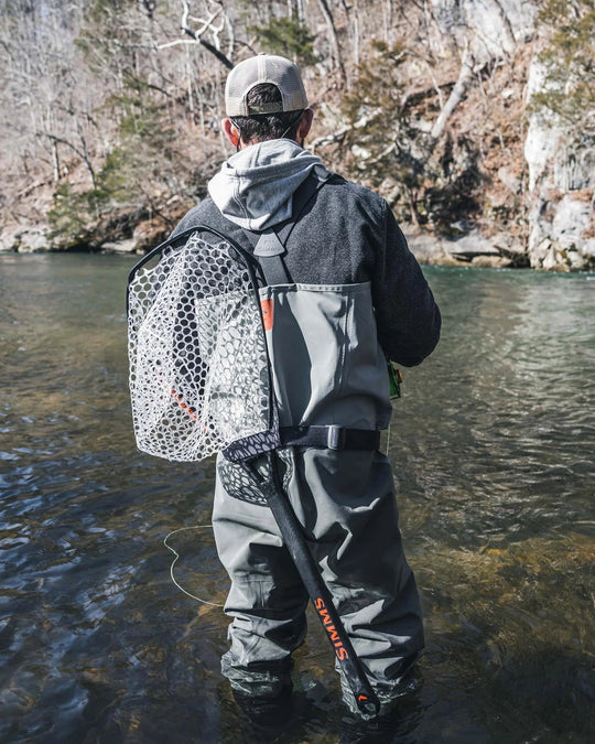 Simms Daymaker Landing Net, Daymaker Net, worn