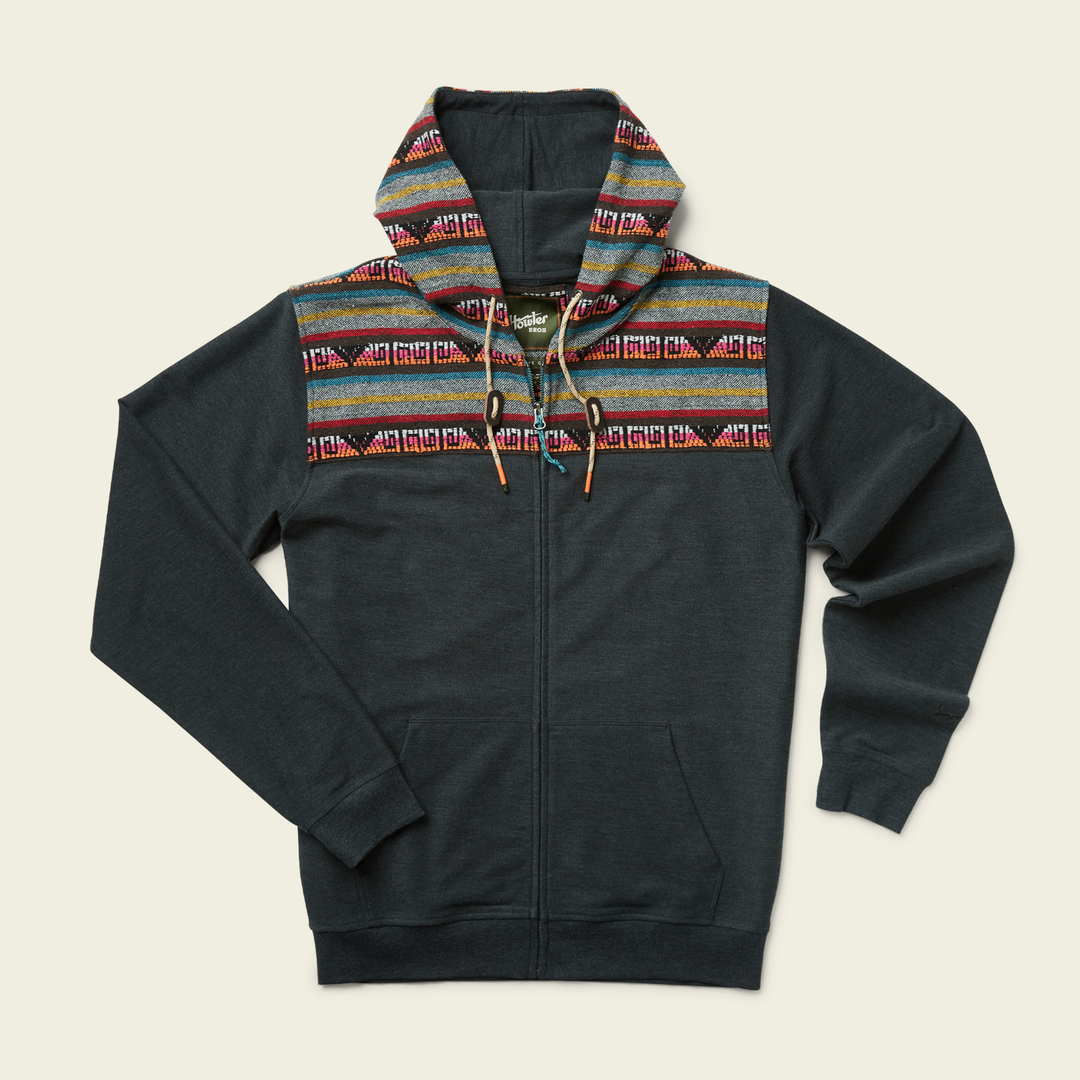 Howler Brothers Shaman Hoodie, Antique Black / Agie Jacquard, flat lay