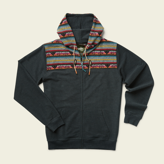 Howler Brothers Shaman Hoodie, Antique Black / Agie Jacquard, flat lay