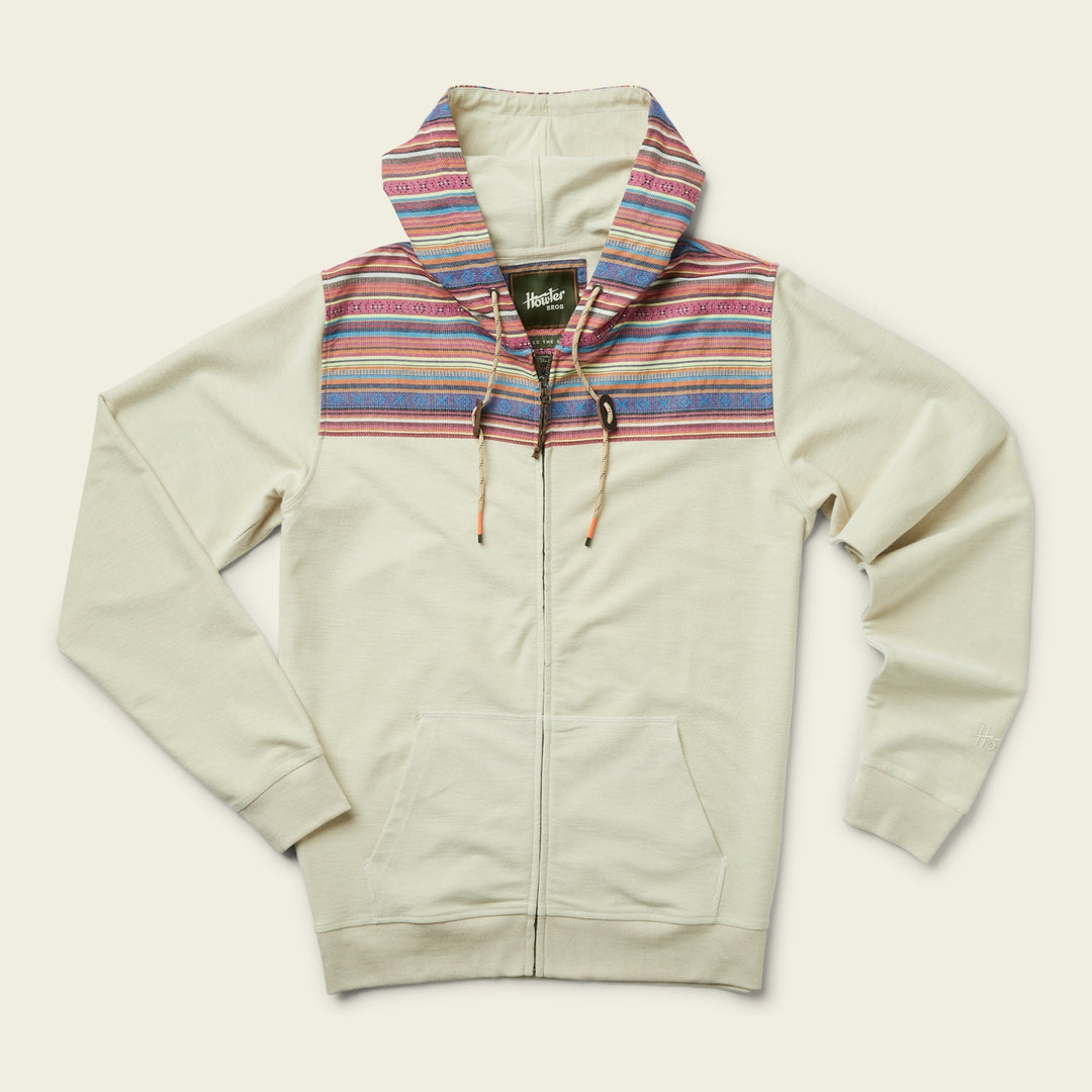 Howler Brothers Shaman Hoodie, Oatmeal Heather / Quanzi Jacquard, flat lay