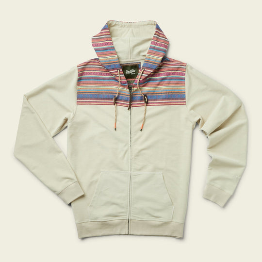 Howler Brothers Shaman Hoodie, Oatmeal Heather / Quanzi Jacquard, flat lay