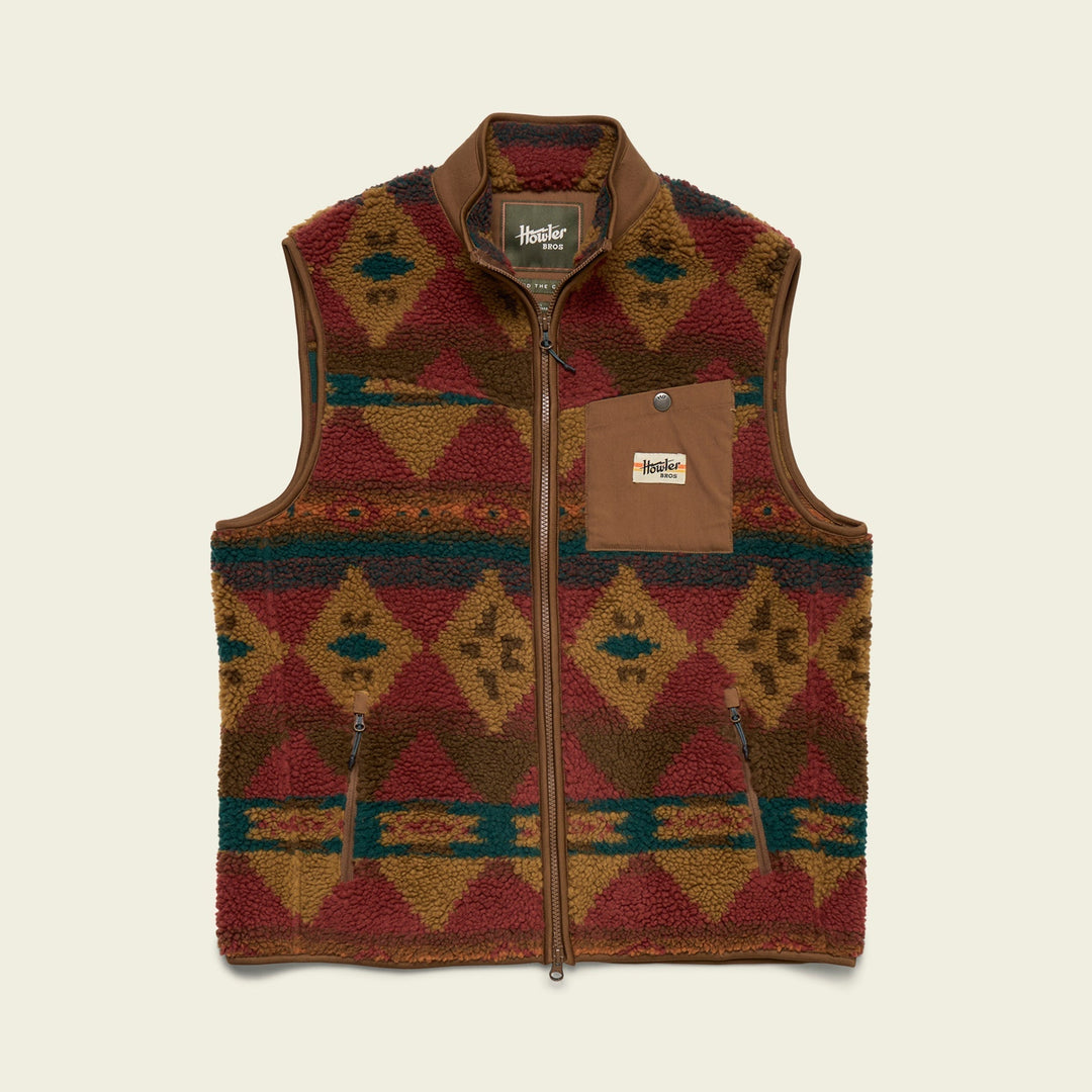 Howler Brothers Chisos Fleece Vest, Mitla Motifs Russet, front view