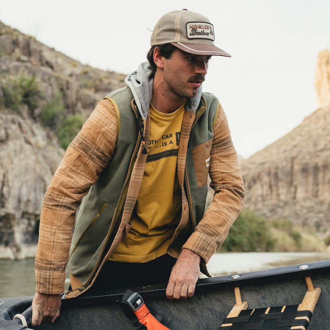 Howler Brothers Unstructured Snapback: Feedstore : Osprey Prey : Khaki / Brown, White, worn, view 2