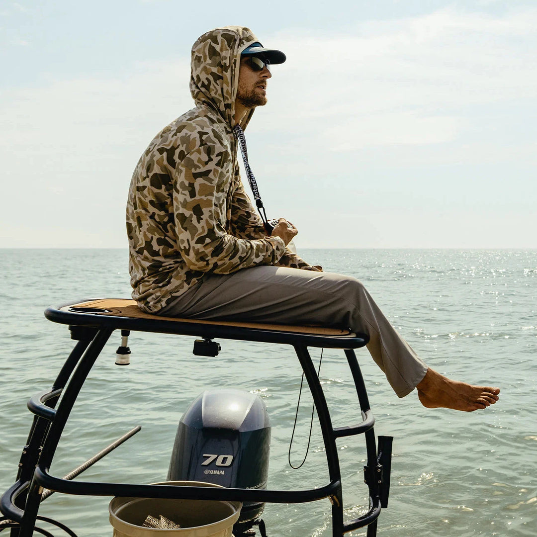Free Fly Men's Bamboo Lightweight Hoodie, Barrier Island Camo, worn
