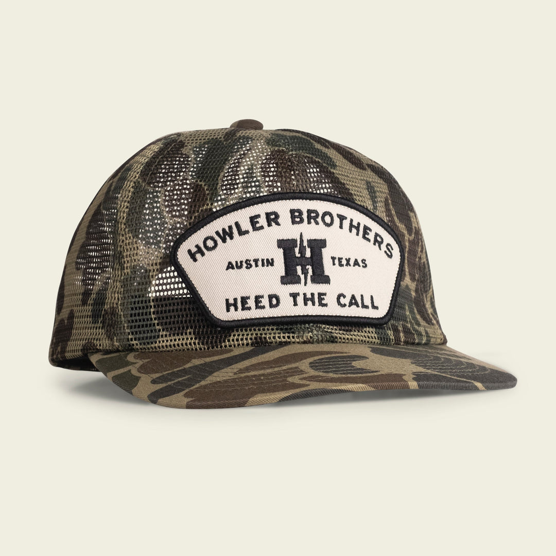 Howler Brothers Unstructured Snapback Hats  - Feedstore : Tan / Green, Howler Feedstore Camo, front view