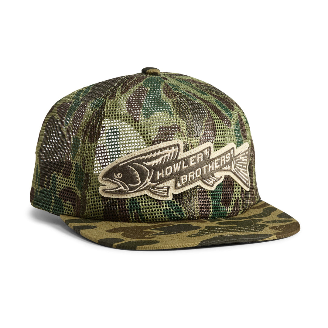 Howler Brothers Unstructured Snapback Hats  - Trout Bolt : Camo, White, front view