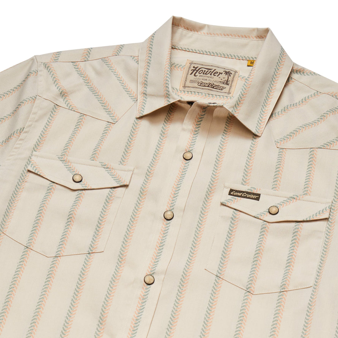 Howler Brothers  HB X Land Cruiser H Bar B Snapshirt: Tracks Off White, White Hbar B, angled view