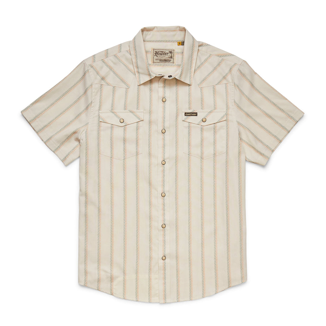 Howler Brothers  HB X Land Cruiser H Bar B Snapshirt: Tracks Off White, White Hbar B, front view