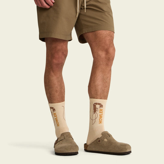 Howler Brothers Socks: Skrimp, Skrimp Off White, worn