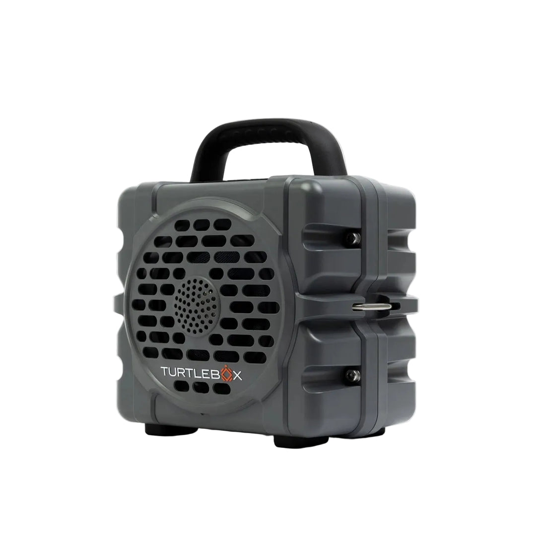TurtleBox Cub Speaker, Gray, angled view, view 2