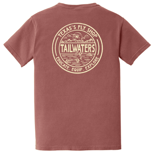Tailwaters Fly Fishing Trouty Destination T-Shirt, Cumin, back view