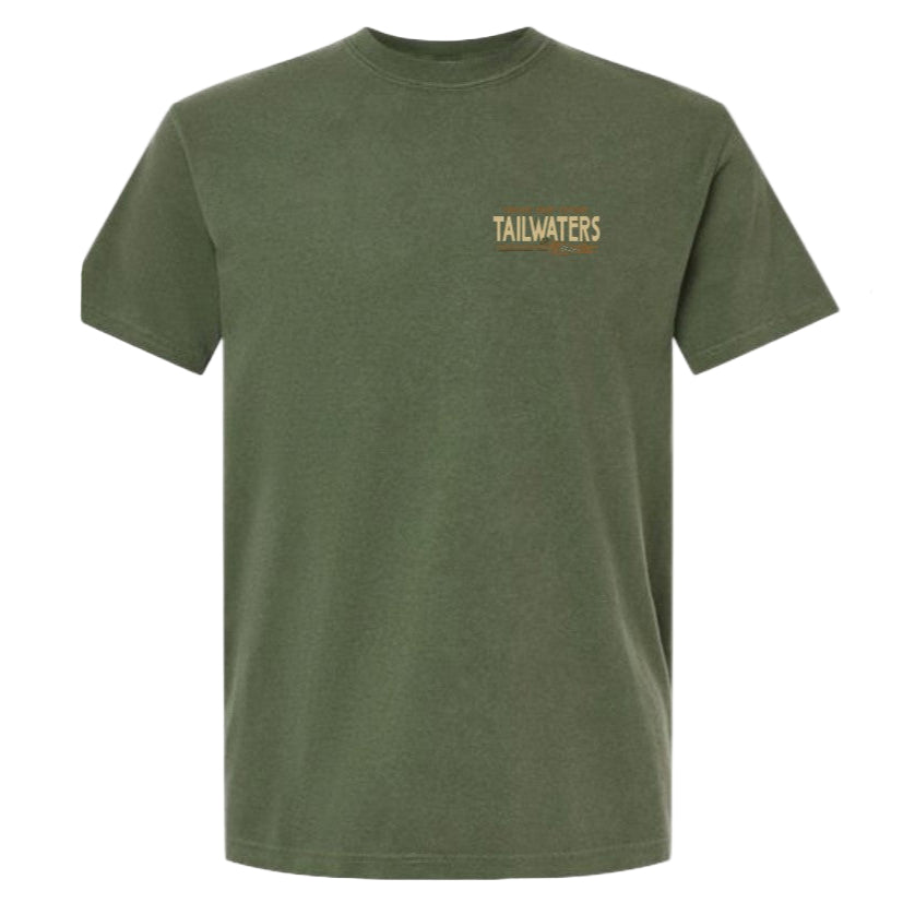 Tailwaters Fly Fishing Trouty Destination T-Shirt, Green, front view