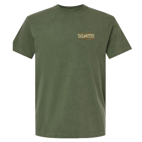 Tailwaters Fly Fishing Trouty Destination T-Shirt, Green, front view
