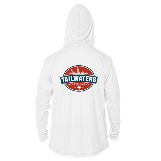 Tailwaters Fly Fishing Kids Classic Logo Sunshirt, White, back view