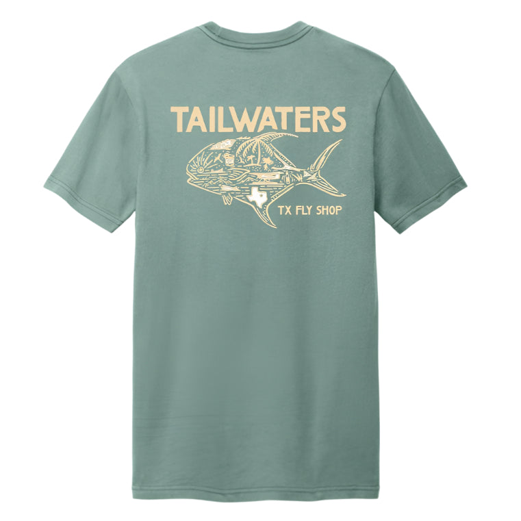 Tailwaters Fly Fishing Worldwide Permit T-Shirt, Sage, back view