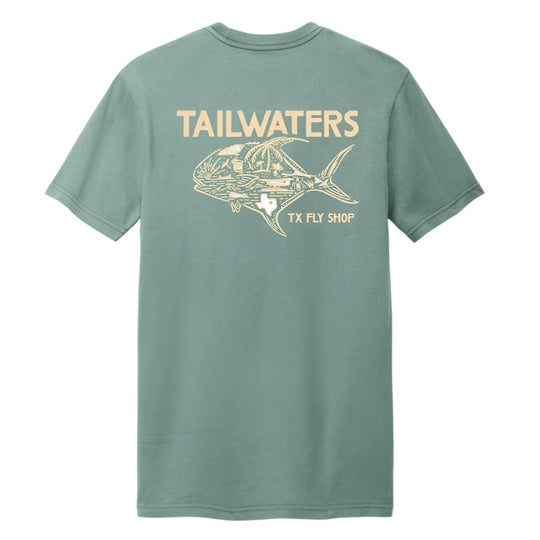 Tailwaters Fly Fishing Worldwide Permit T-Shirt, Sage, back view