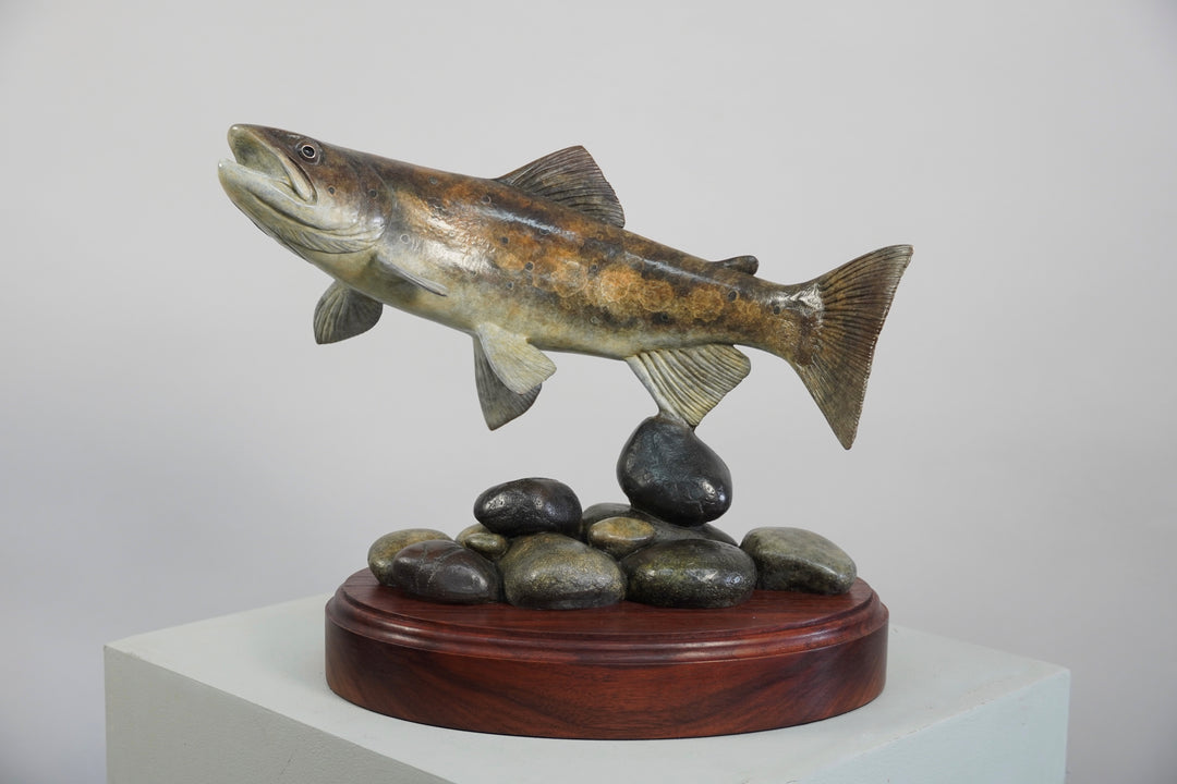 Chris Bladen Trout Over Pebble Bed Bronze Sculpture