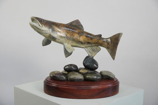 Chris Bladen Trout Over Pebble Bed Bronze Sculpture
