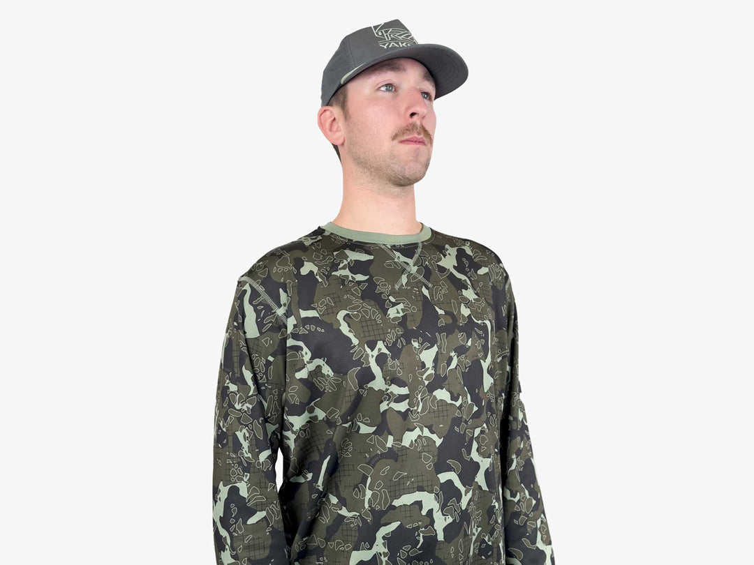 Yakoda Supply Treeline Fleece, Forest Grid Camo, worn, view 2