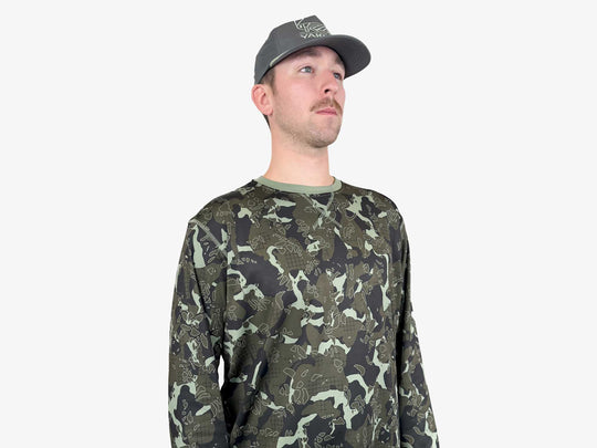 Yakoda Supply Treeline Fleece, Forest Grid Camo, worn, view 2