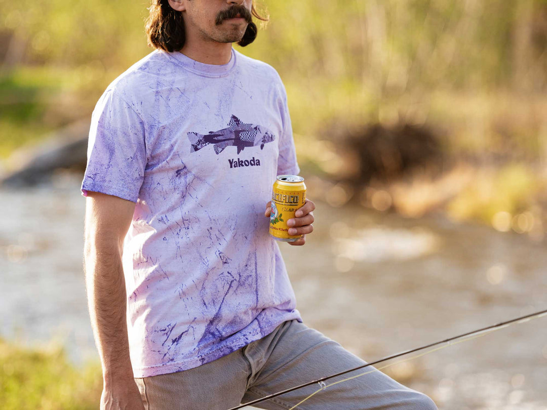 Yakoda Supply Trippy Trout Pigment Dyed Tee – Purple Blast, Purple Blast, worn