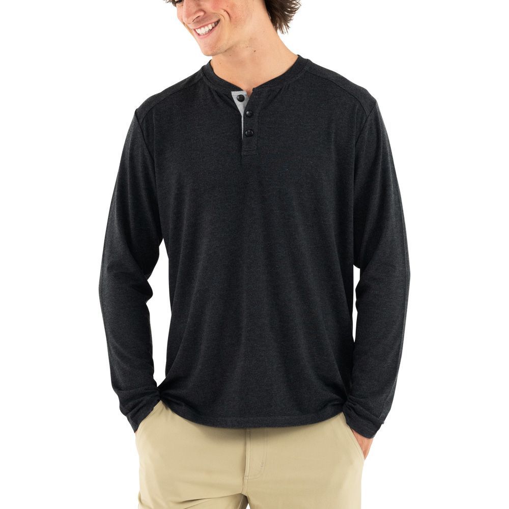 Free Fly Men's Bamboo Flex Long Sleeve Henley, Heather Black, view 3