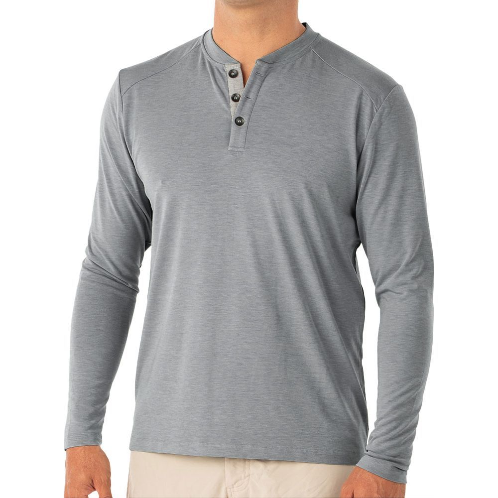 Free Fly Men's Bamboo Flex Long Sleeve Henley, Heather Blue Dusk