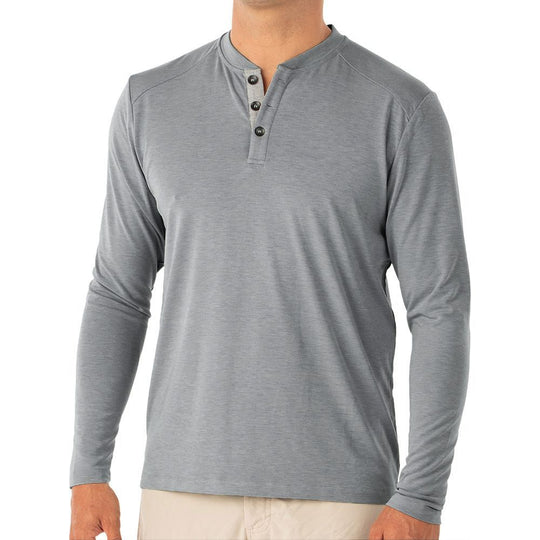 Free Fly Men's Bamboo Flex Long Sleeve Henley, Heather Blue Dusk