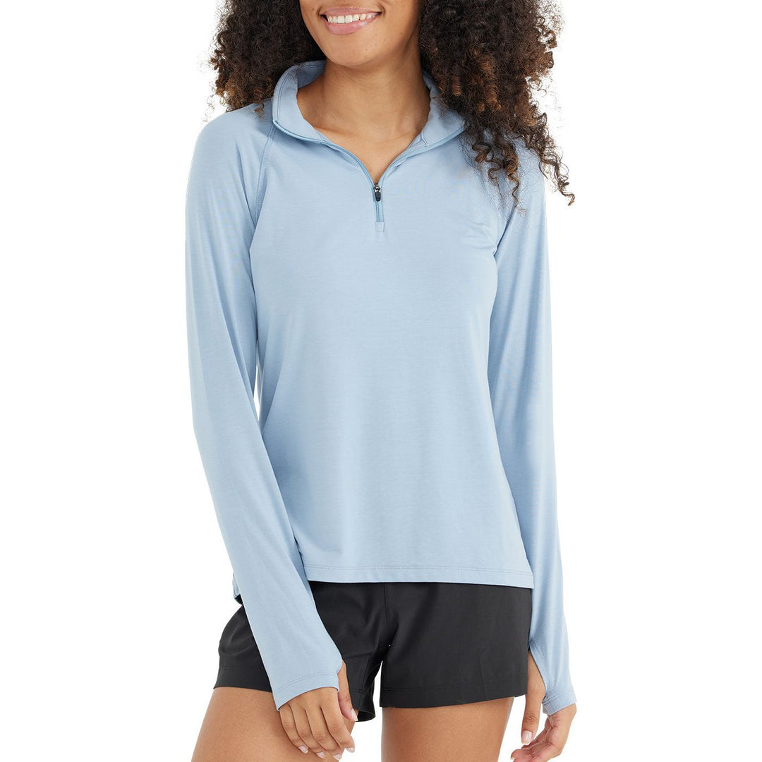 Free Fly Women's Bamboo Flex Quarter Zip, Cays Blue, angled view