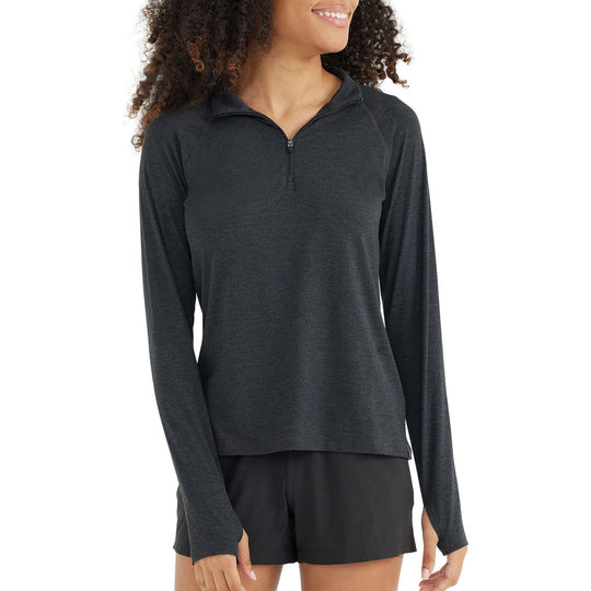 Free Fly Women's Bamboo Flex Quarter Zip, Heather Black, angled view