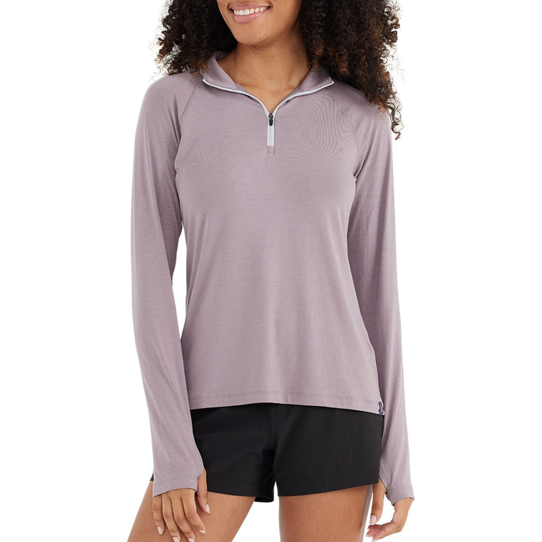 Free Fly Women's Bamboo Flex Quarter Zip, Purple Sage, angled view