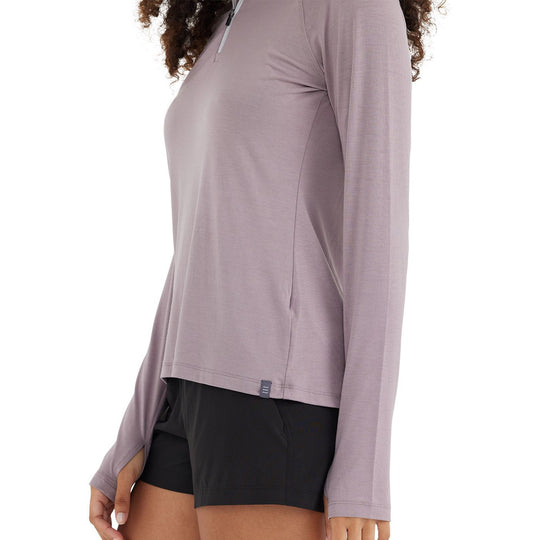 Free Fly Women's Bamboo Flex Quarter Zip, Purple Sage, angled view, view 4