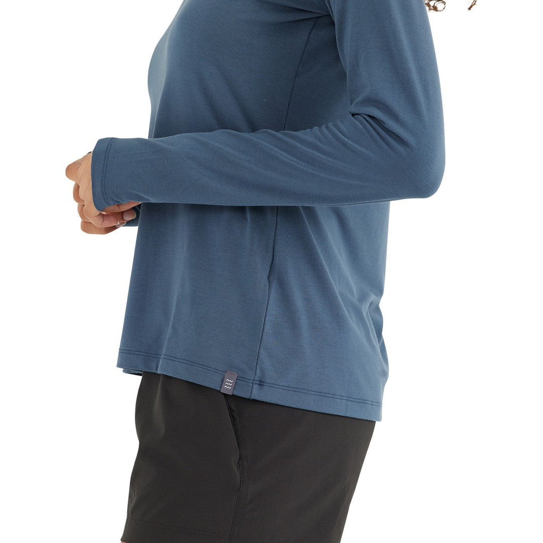 Free Fly Women's Bamboo Flex Quarter Zip, True Navy, angled view, view 4