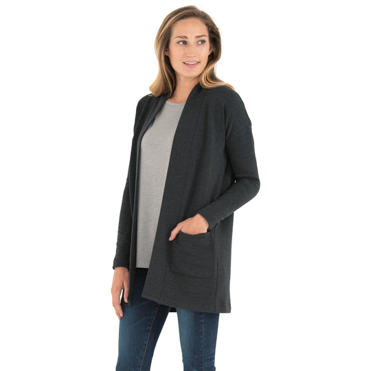 Free Fly Women's Bamboo Thermal Fleece Cardigan, Heather Black, view 2